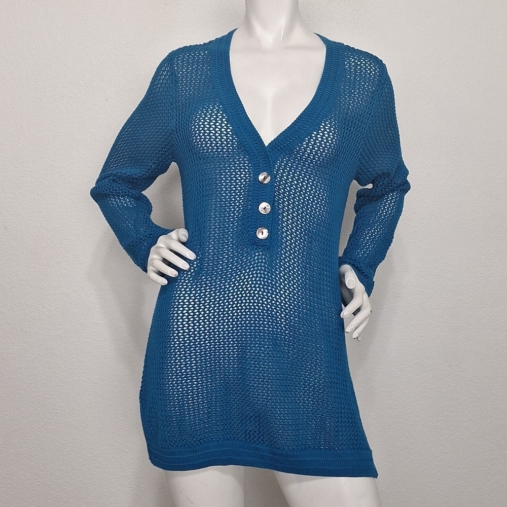 Chico's Blue Bohemian Coastal V-Neck Pullover Open Kit Tunic Sweater Size M